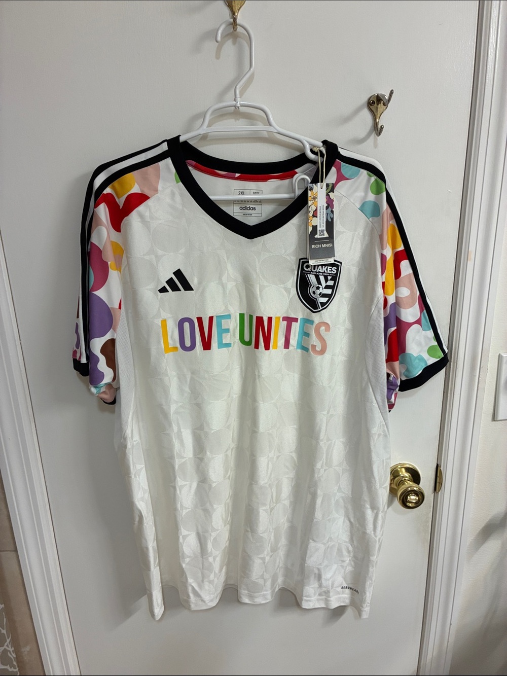 adidas White Jersey with Multicolor Sleeve Accents Sz 2XL